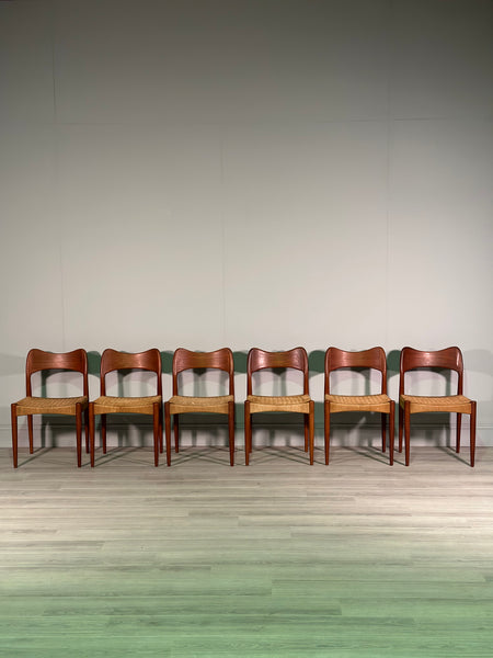 Set of 6 Danish Teak And Paper Cord Dining Chairs Designed By Arne Hovmand Olsen For Mogens Kold