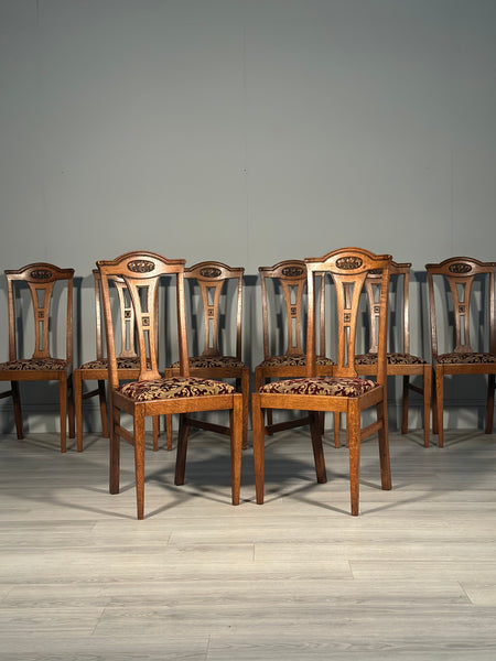 Set Of Eight Art Nouveau Oak Dining Chairs C.1900