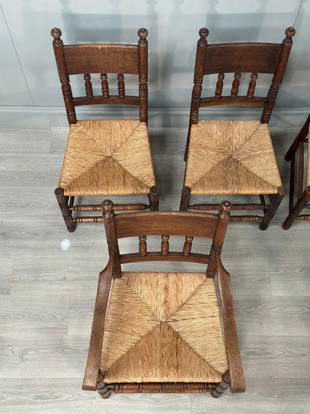 Set Of 6 Antique Oak & Rushed Country Dining Chairs