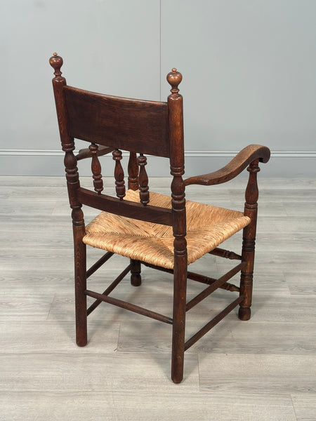 Set Of 6 Antique Oak & Rushed Country Dining Chairs