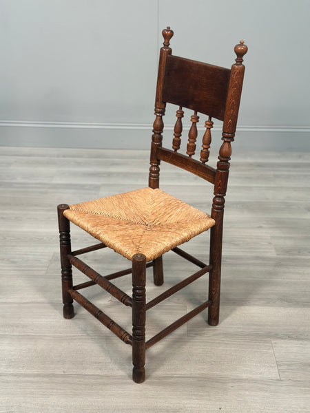 Set Of 6 Antique Oak & Rushed Country Dining Chairs