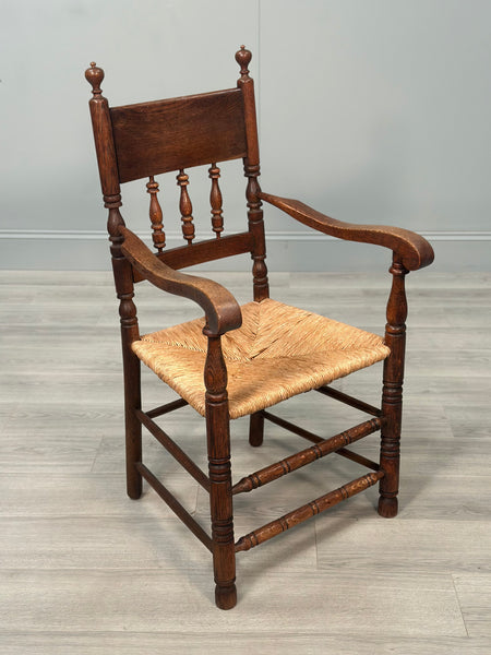 Set Of 6 Antique Oak & Rushed Country Dining Chairs