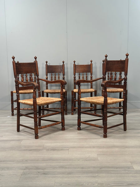 Set Of 6 Antique Oak & Rushed Country Dining Chairs