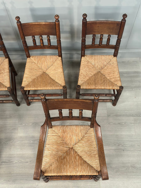 Set Of 6 Antique Oak & Rushed Country Dining Chairs