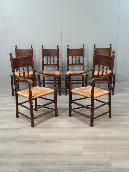 Set Of 6 Antique Oak & Rushed Country Dining Chairs
