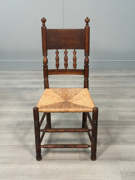Set Of 6 Antique Oak & Rushed Country Dining Chairs