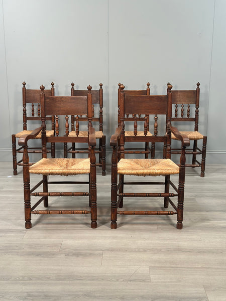 Set Of 6 Antique Oak & Rushed Country Dining Chairs
