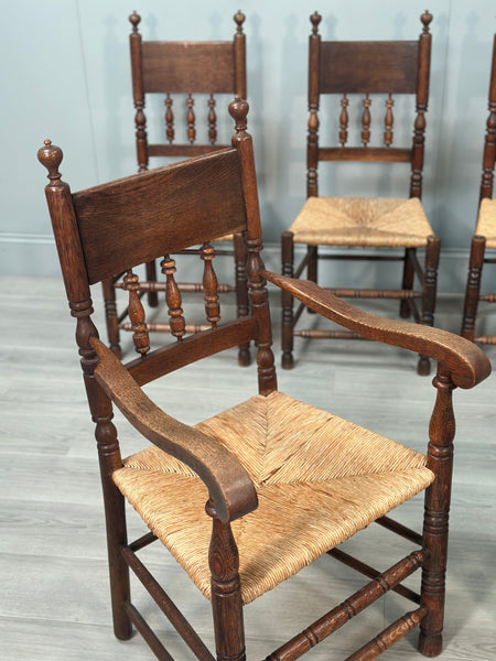 Set Of 6 Antique Oak & Rushed Country Dining Chairs