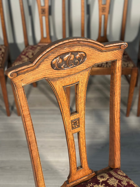 Set Of Eight Art Nouveau Oak Dining Chairs C.1900
