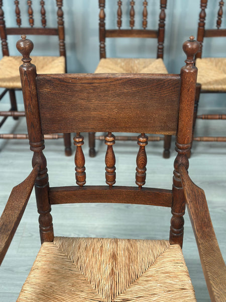 Set Of 6 Antique Oak & Rushed Country Dining Chairs