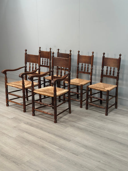 Set Of 6 Antique Oak & Rushed Country Dining Chairs