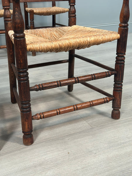 Set Of 6 Antique Oak & Rushed Country Dining Chairs