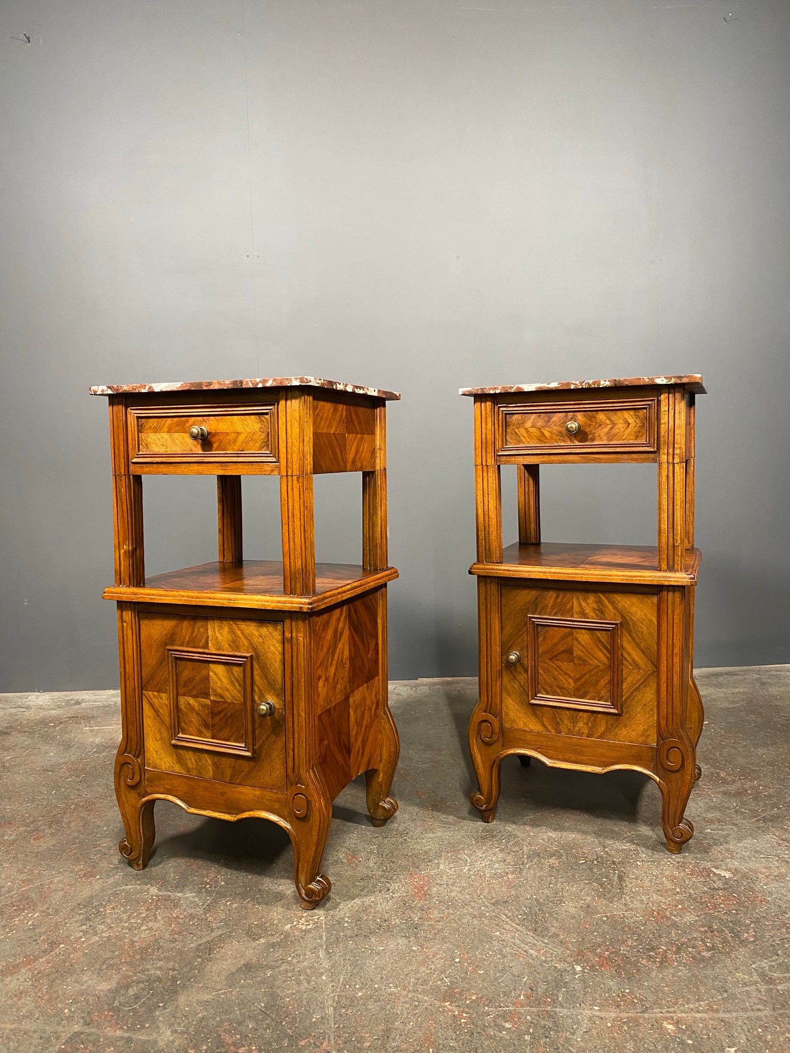 A Pair Of Antique French Walnut Bedside Cabinets With Marble Top