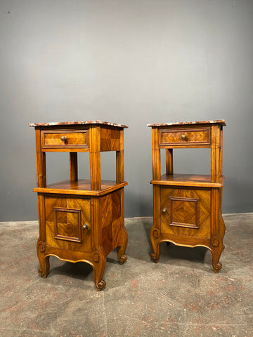 A Pair Of Antique French Walnut Bedside Cabinets With Marble Top