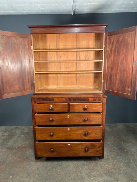 Antique Victorian Mahogany Cupboard On Chest Linen Press