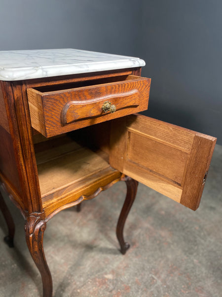 Antique Pair Of French Oak Marble Bedside Cabinets