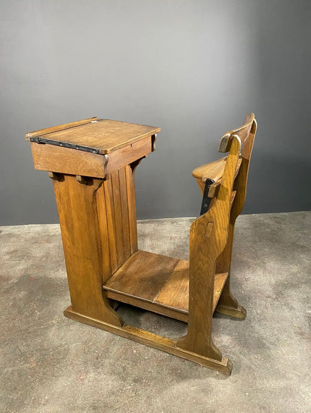 Antique Victorian Oak Teachers Desk With Cupboard And Fold Down Chair