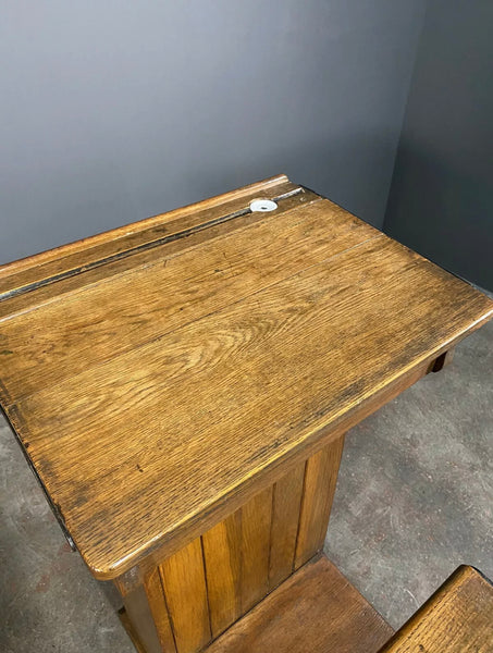 Antique Victorian Oak Teachers Desk With Cupboard And Fold Down Chair