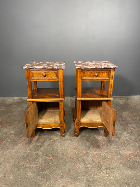 A Pair Of Antique French Walnut Bedside Cabinets With Marble Top