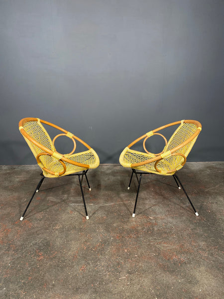 Pair Of Mid Century Bamboo And String Egg Chairs