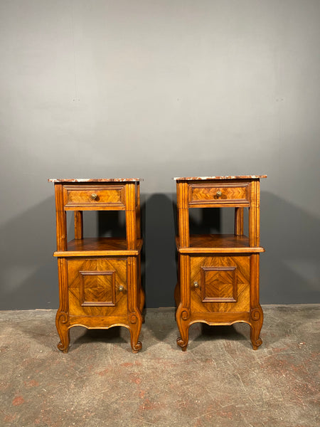 A Pair Of Antique French Walnut Bedside Cabinets With Marble Top