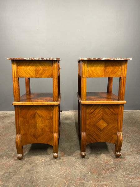 A Pair Of Antique French Walnut Bedside Cabinets With Marble Top