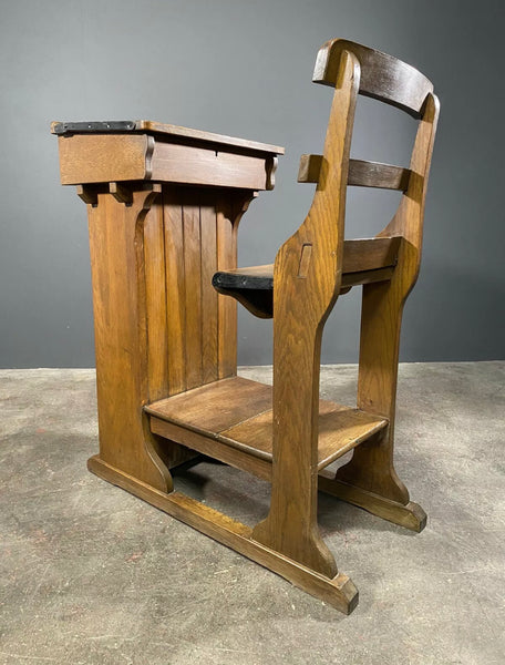 Antique Victorian Oak Teachers Desk With Cupboard And Fold Down Chair