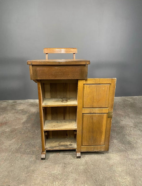 Antique Victorian Oak Teachers Desk With Cupboard And Fold Down Chair