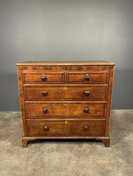 Early Victorian 19th Century Large Inlaid Oak Chest Of Drawers