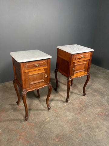 Antique Pair Of French Oak Marble Bedside Cabinets