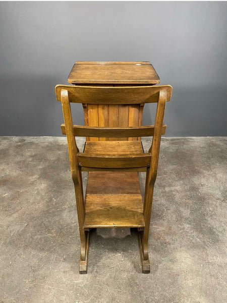 Antique Victorian Oak Teachers Desk With Cupboard And Fold Down Chair