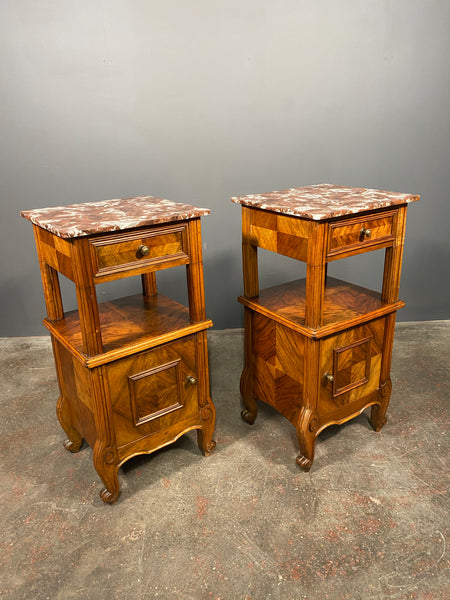 A Pair Of Antique French Walnut Bedside Cabinets With Marble Top