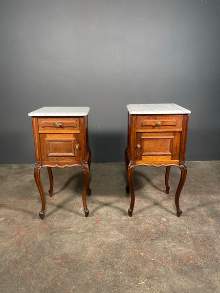 Antique Pair Of French Oak Marble Bedside Cabinets