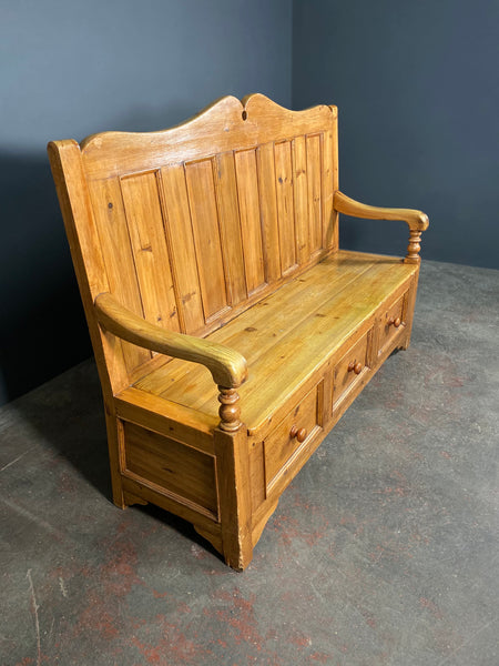 20th Century Antique Pine Settle With Drawers