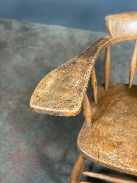 Antique Elm Smokers Bow Captains Chair With Oversized Arm