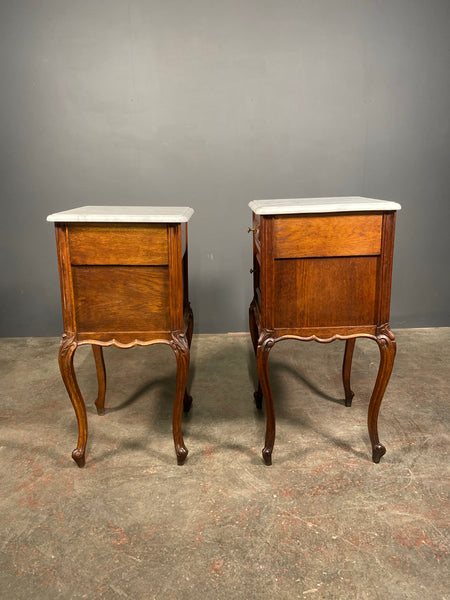 Antique Pair Of French Oak Marble Bedside Cabinets