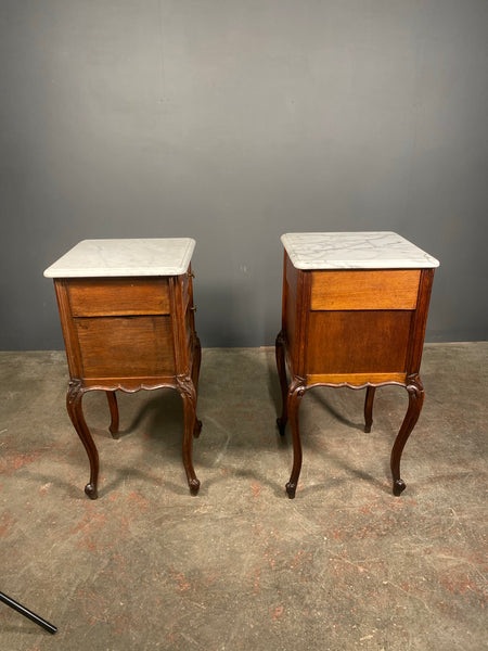 Antique Pair Of French Oak Marble Bedside Cabinets