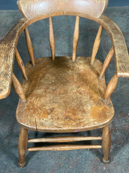Antique Elm Smokers Bow Captains Chair With Oversized Arm
