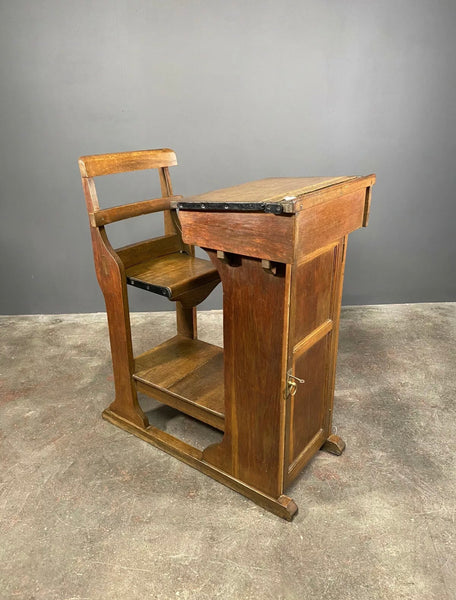 Antique Victorian Oak Teachers Desk With Cupboard And Fold Down Chair