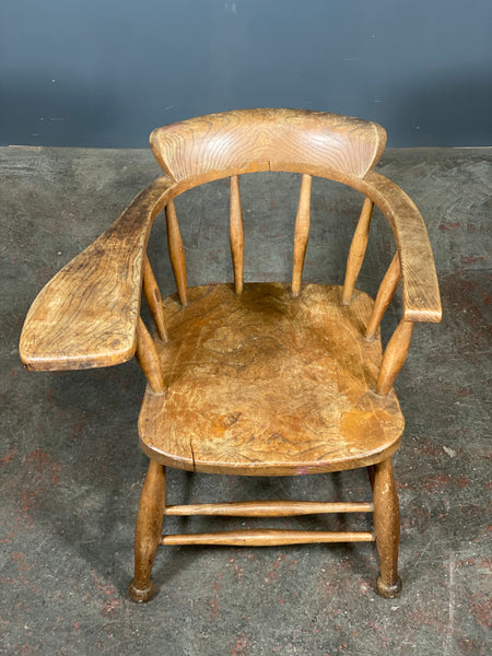 Antique Elm Smokers Bow Captains Chair With Oversized Arm