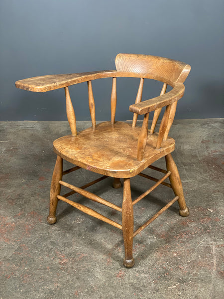 Antique Elm Smokers Bow Captains Chair With Oversized Arm