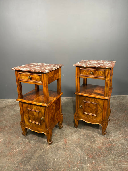 A Pair Of Antique French Walnut Bedside Cabinets With Marble Top