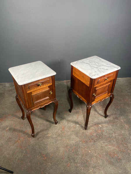 Antique Pair Of French Oak Marble Bedside Cabinets