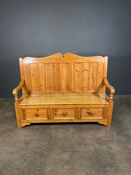 20th Century Antique Pine Settle With Drawers