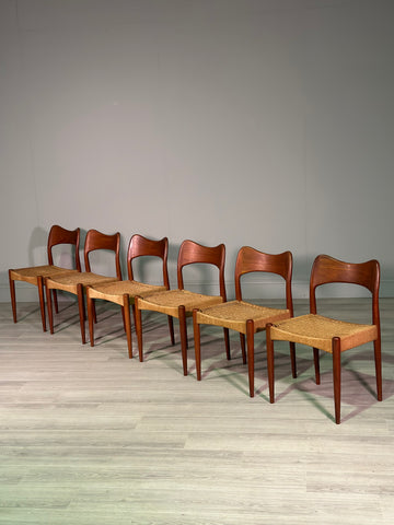 Set of 6 Danish Teak And Paper Cord Dining Chairs Designed By Arne Hovmand Olsen For Mogens Kold