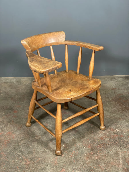 Antique Elm Smokers Bow Captains Chair With Oversized Arm
