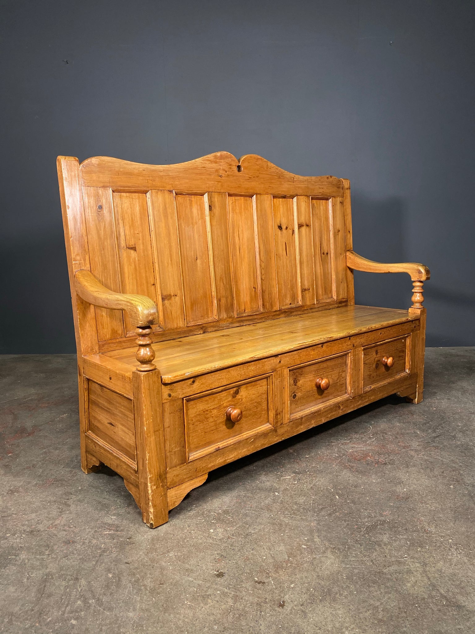 20th Century Antique Pine Settle With Drawers