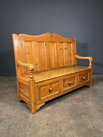 20th Century Antique Pine Settle With Drawers