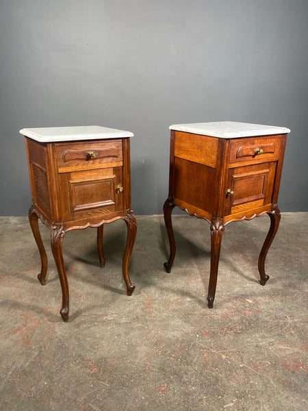 Antique Pair Of French Oak Marble Bedside Cabinets