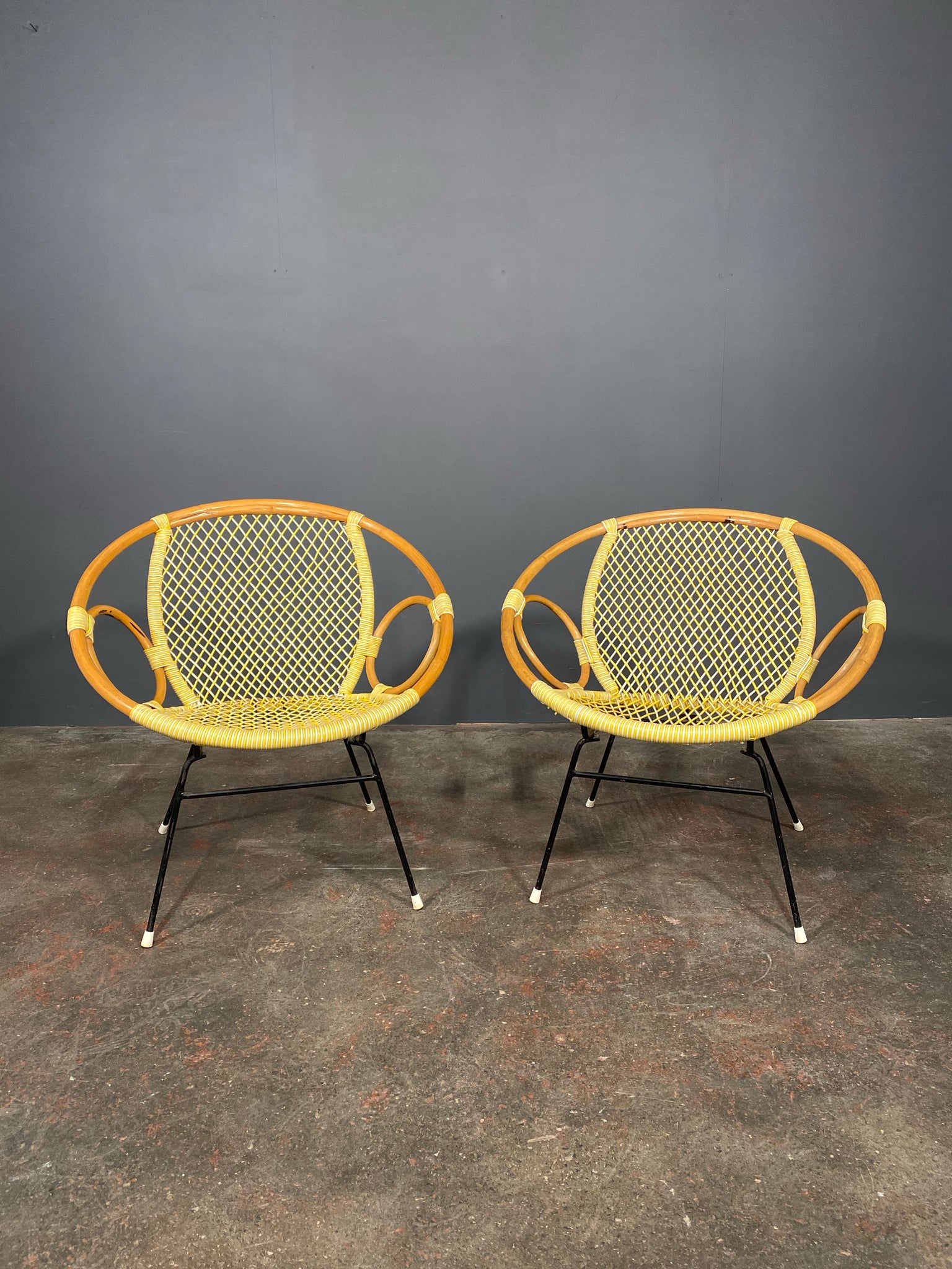 Pair Of Mid Century Bamboo And String Egg Chairs